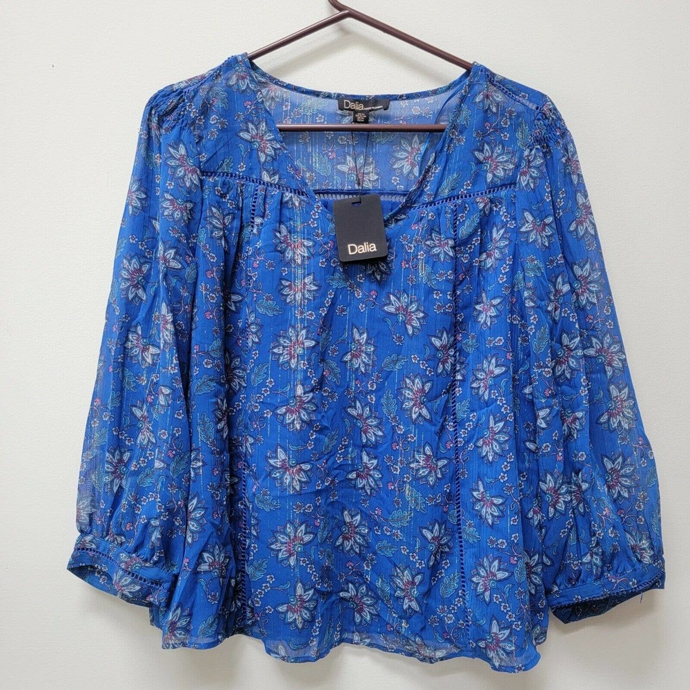 NWT Dalia Womens Medium Blue Print Smocked Chiffon Blouse Top Shirt